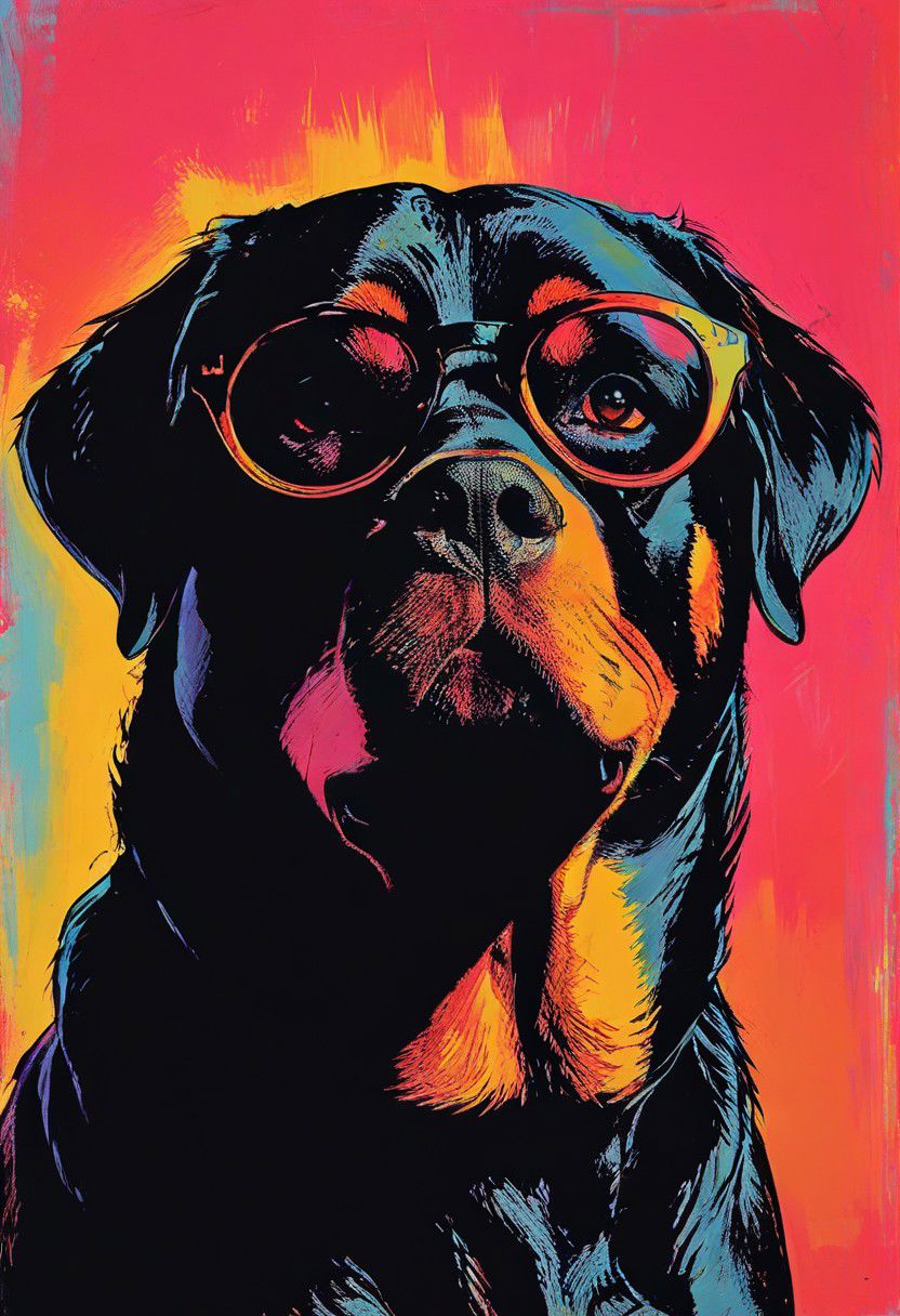 impactful color paint of, a Rottweiler wearing dark sunglasses, highly detailed, vibrant colors , 8k, sharp, professional, clear, high contrast, high saturated, , vivid deep blacks, crystal clear