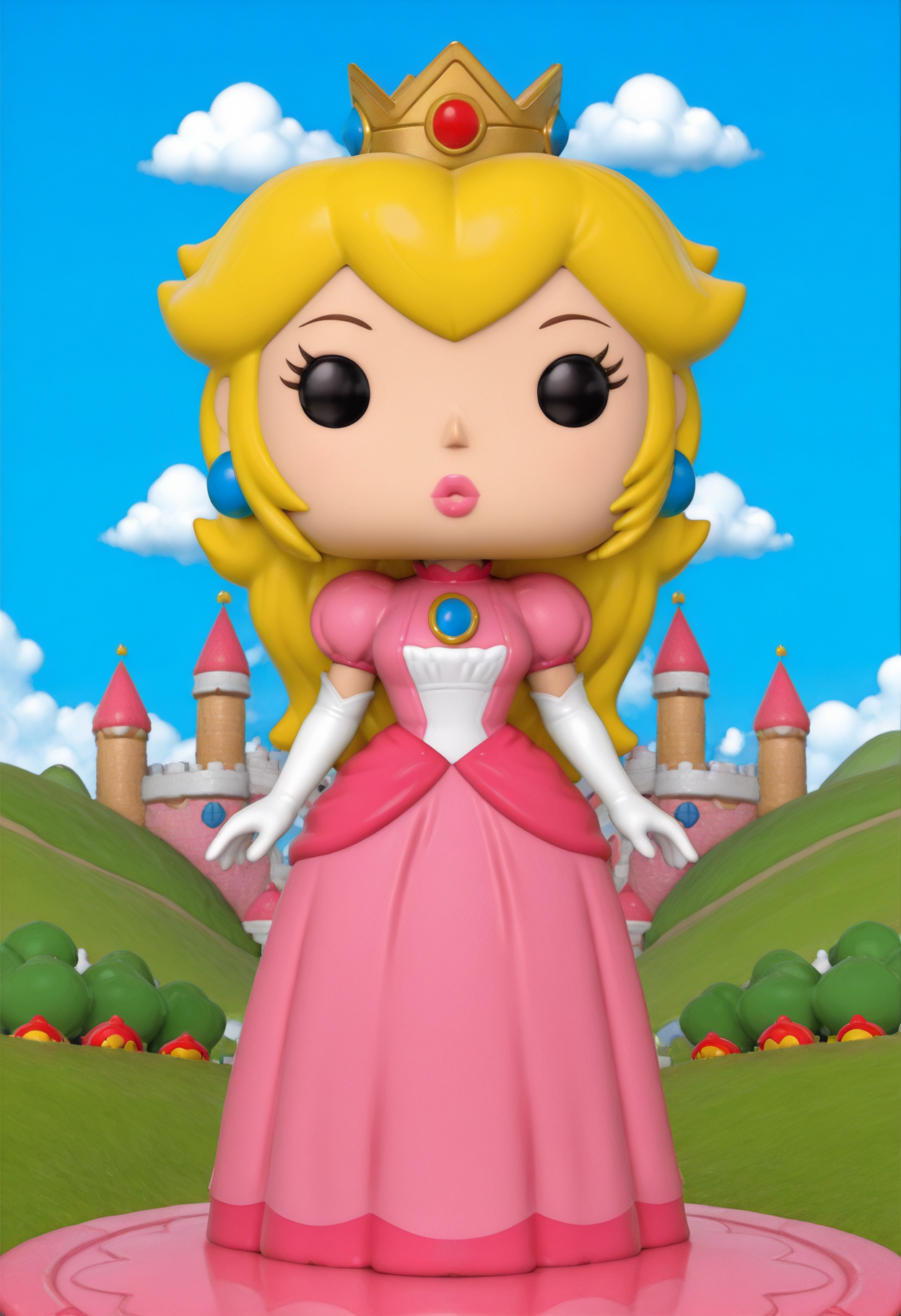 masterpiece, best quality, amazing quality,  funkopop, <lora:funkoPopIllustrious:1.2>, solo, 1girl,
princess peach, outside, castle,