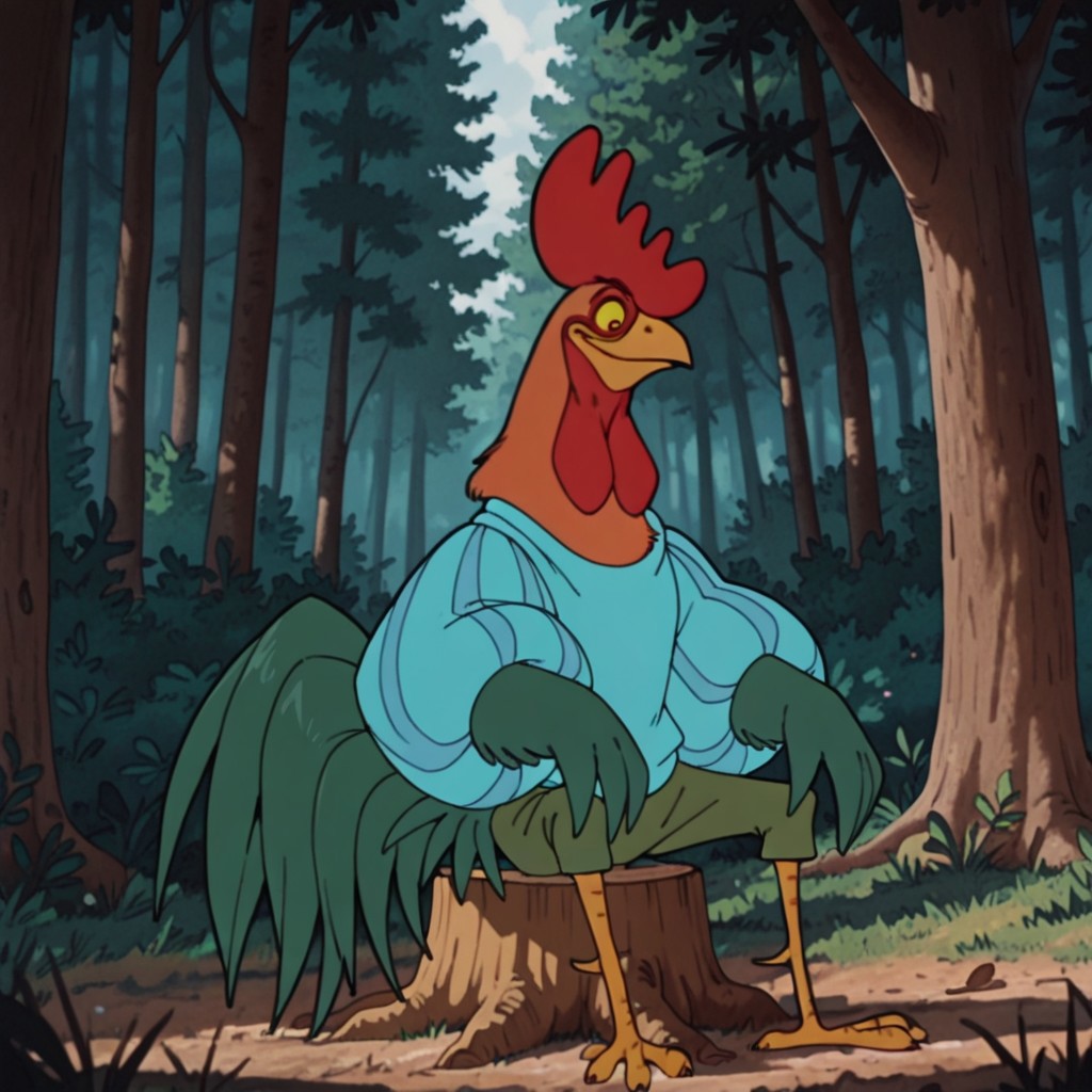 ((masterpiece, best quality, amazing quality,)) Alan-A-DaleRHil, semi-anthro, male, rooster, red comb, bird, green feathers, orange neck feathers, yellow sclera, black eyes, winged arms, blue striped shirt, puffy sleeves, green pants, green tail, sitting, on tree stump, in a forest,