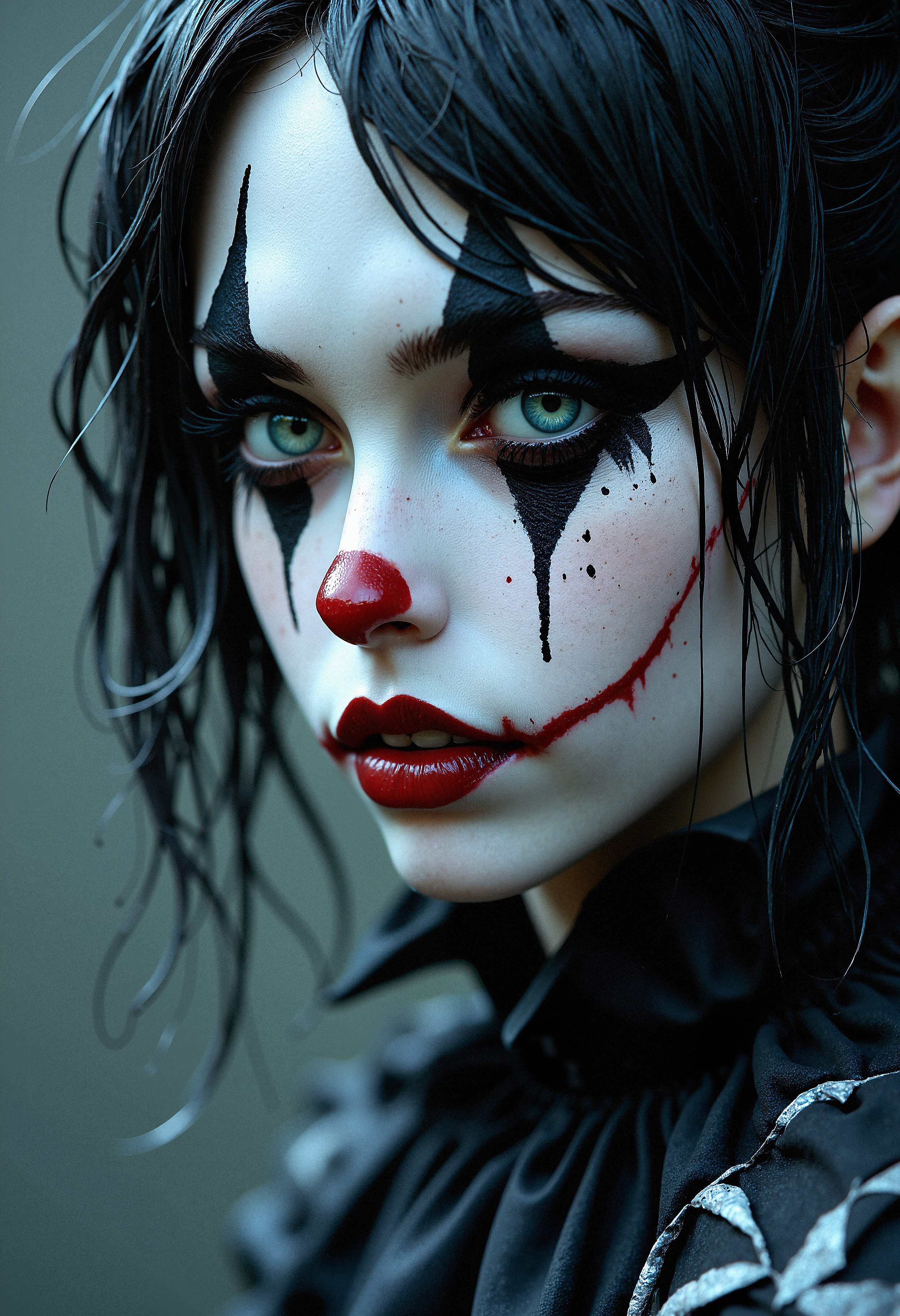 Close-up of a female clown with pale white skin, dark black triangular makeup around her teal-blue eyes, and a small red clown nose. Her lips are painted a muted red, curving slightly upward at the corners, with soft shadows highlighting the contours of her face. Dark, wet strands of hair partially cover her face, adding an eerie, emotional expression. Her expression is intense and melancholic, with a single black teardrop painted under her left eye. She is wearing a high-collared, black-and-white geometric patterned outfit. The lighting is soft, enhancing the smooth texture of her skin and the sharpness of her makeup. The style is hyper-realistic with a surreal and haunting atmosphere. The background is a soft, blurred gradient, with no distinct details, keeping the focus entirely on the subject's face.    <lora:FluxMythP0rtr4itStyle:0.8> MythP0rt,