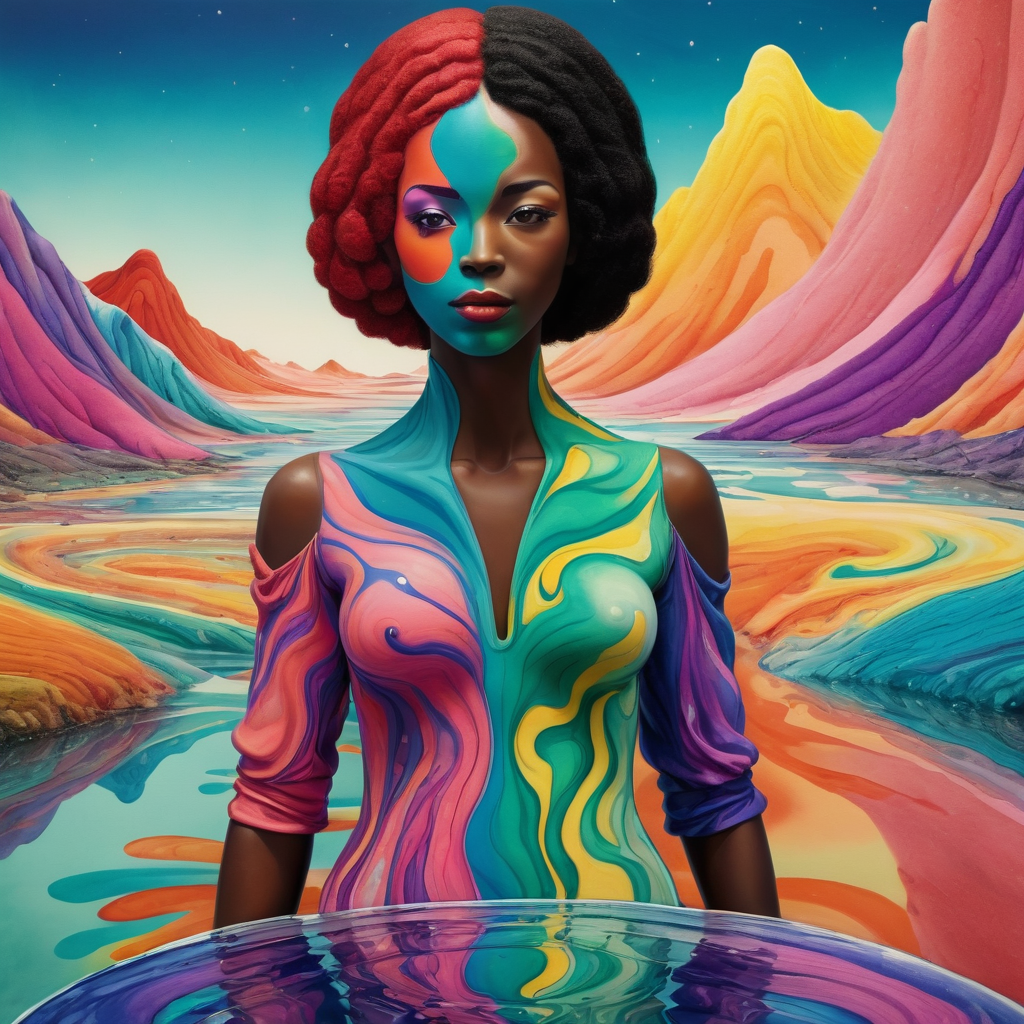Fauvism photo of a xlmrblng15-1300 Jamaican female android playing with a female android in a fantasy arctic river landscape