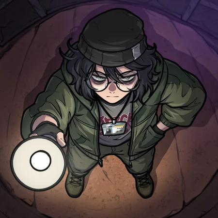 (masterpiece, absurd res, detailed, dynamic lighting, newest, best quality), dndt0ken, top down view, from above, 1boy, solo, drk3l, medium hair, black hair, messy hair, grey eyes, bags under eyes, black beanie, round glasses, grey shirt, print shirt, green jacket, hooded jacket, hood down, black gloves, fingerless gloves, cross-laced footwear, id card on lanyard, holding flashlight, hand in pocket, looking at viewer, irritated