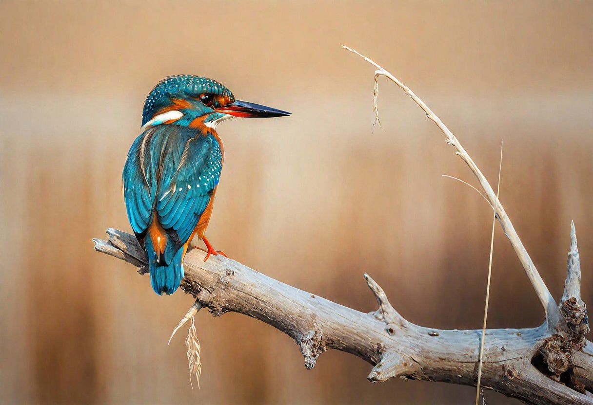 macro photo, A beautiful kingfisher perched on a dried tree beach in a river,blue water ,reeds plants insects serene , stunning masterpiece, vivid water colour , detailed on white chart paper. An evil eye symbol on the bottom right
