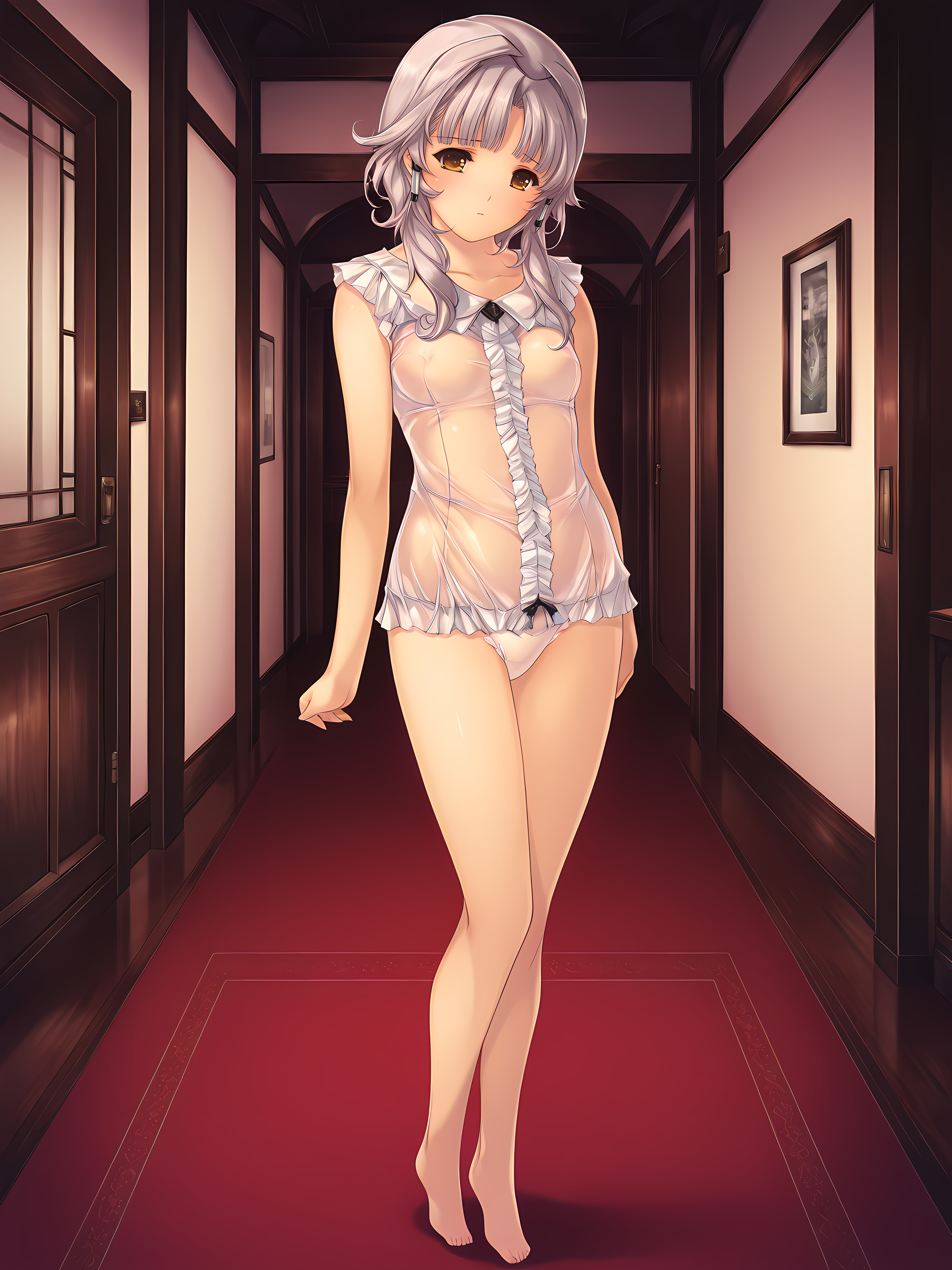 <lora:Oyako_Rankan_Illustrious:0.8>,1girl,solo,yukino,ykbd outfit,min-naraken,indoors,full body,barefoot,small breasts,standing,grey hair,underwear,panties,see-through clothes,, masterpiece,best quality,amazing quality,