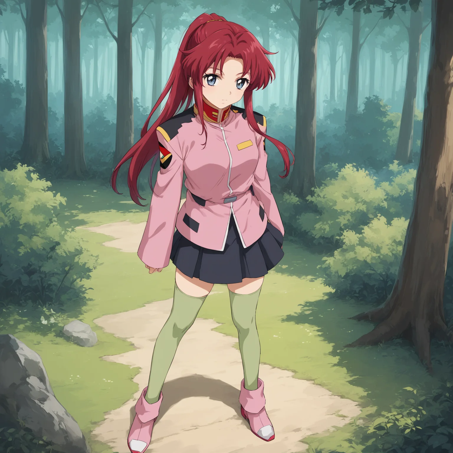 socre_9, score_8_up, score_7_up, (masterpiece, best quality:1.4), 1girl, flay allster, \(gundam seed\), red hair, blue grey eyes, ponytail, pink short military jacket, black skirt, green, thighhighs, pink shoes, stands up, cross arms, forest,