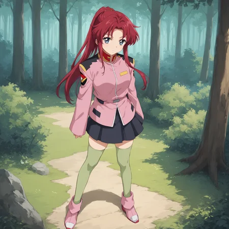 socre_9, score_8_up, score_7_up, (masterpiece, best quality:1.4), 1girl, flay allster, \(gundam seed\), red hair, blue grey eyes, ponytail, pink short military jacket, black skirt, green, thighhighs, pink shoes, stands up, cross arms, forest,