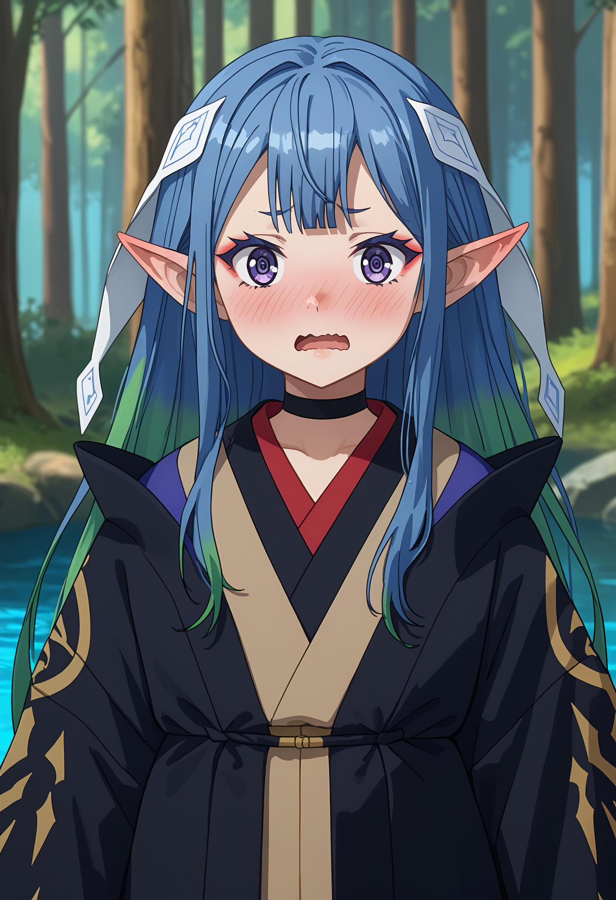 score_9,
<lora:NazeBoku_ReirenXL:0.9>,
1girl, solo, wavy mouth, open mouth, embarassed, nose blush, ear blush,
long hair, multicolored hair, blue hair, green hair, blunt bangs, purple eyes, makeup, poiny ears, hair ornament,
ReirenNBnS, black choker, black robe, open robe, multicolored kimono,
looking at viewer, portrait,
blurry background, outdoors, forest, water