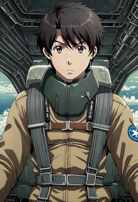 high resolution, solo, best quality, 1Boy, Inaho Kaizuka, Black hair, Brown Eyes, Pilot, Jet Fighter, Military, Military Uniform, military action,
