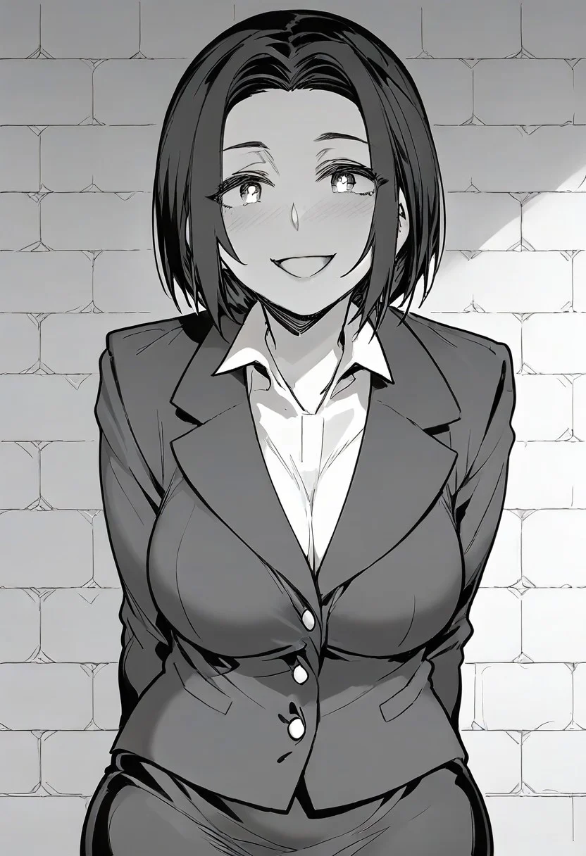 score_9, score_8_up, score_7_up, ASCII masterpiece, source_manga, monochrome, greyscale, BREAK, 1girl, solo, (( <lora:yuuki's_mom:1> , yuuki's_mom, beautiful short hair, piercing eyes, normal waist, wide hips, beautiful skin, clear eyes, bright pupils, beautiful eyes, huge and shaggy breasts, natural beauty, extraordinary beautiful woman, attractive woman, super sexy woman, lustful body, sexy woman with seductive obscene body, sensual body, voluptuous body, sexy beauty, no piercings, no piercing, )) , ((formal, dark suit, white shirt, dark pencil skirt,,)) , uncensored, sexy pose, seducative smile, outdoor, sky, wall, bricks, looking at viewer, horny, seductive, hands behind back, standing, from below, cowboy shot, front view, closing up, leans forward, huge cleavage,