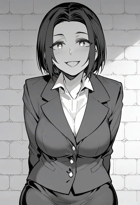 score_9, score_8_up, score_7_up, ASCII masterpiece, source_manga, monochrome, greyscale, BREAK, 1girl, solo, (( <lora:yuuki's_mom:1> , yuuki's_mom, beautiful short hair, piercing eyes, normal waist, wide hips, beautiful skin, clear eyes, bright pupils, beautiful eyes, huge and shaggy breasts, natural beauty, extraordinary beautiful woman, attractive woman, super sexy woman, lustful body, sexy woman with seductive obscene body, sensual body, voluptuous body, sexy beauty, no piercings, no piercing, )) , ((formal, dark suit, white shirt, dark pencil skirt,,)) , uncensored, sexy pose, seducative smile, outdoor, sky, wall, bricks, looking at viewer, horny, seductive, hands behind back, standing, from below, cowboy shot, front view, closing up, leans forward, huge cleavage,
