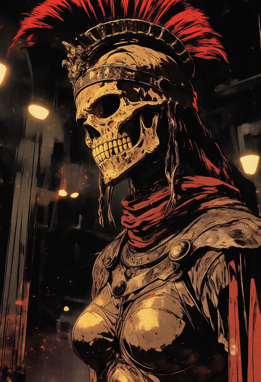 Female Roman soldier, skull face mask, in profile, wearing traditional armor, battle damaged armor, breasts, breast plate, dark and moody background, adds a dramatic tone, subtle lighting reflections, ray traced, foreshortening, Holding a sword,