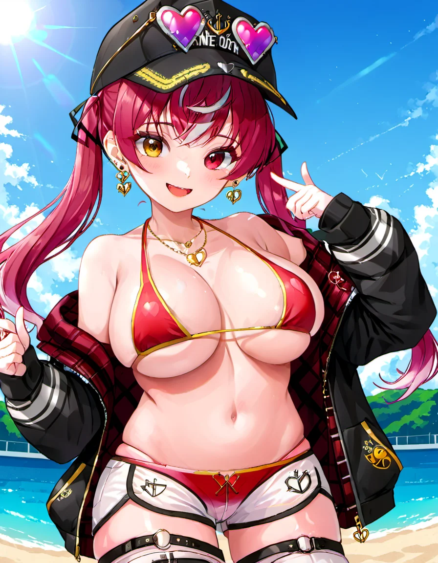 <lora:Houshou_Marine:1> houshou marine, solo, heterochromia, heart, jewelry, jacket, hat, twintails, large breasts, bikini, earrings, eyewear on headwear, fang, open mouth, skin fang, long hair, shorts, necklace, cleavage, smile, red bikini, heart earrings, looking at viewer, heart necklace, multicolored hair, baseball cap, black jacket, ribbon, hand in pocket, hair ribbon, official alternate costume, navel, sunglasses, gradient hair, partially unzipped, blush, heart-shaped eyewear, white shorts, thigh strap, long sleeves
