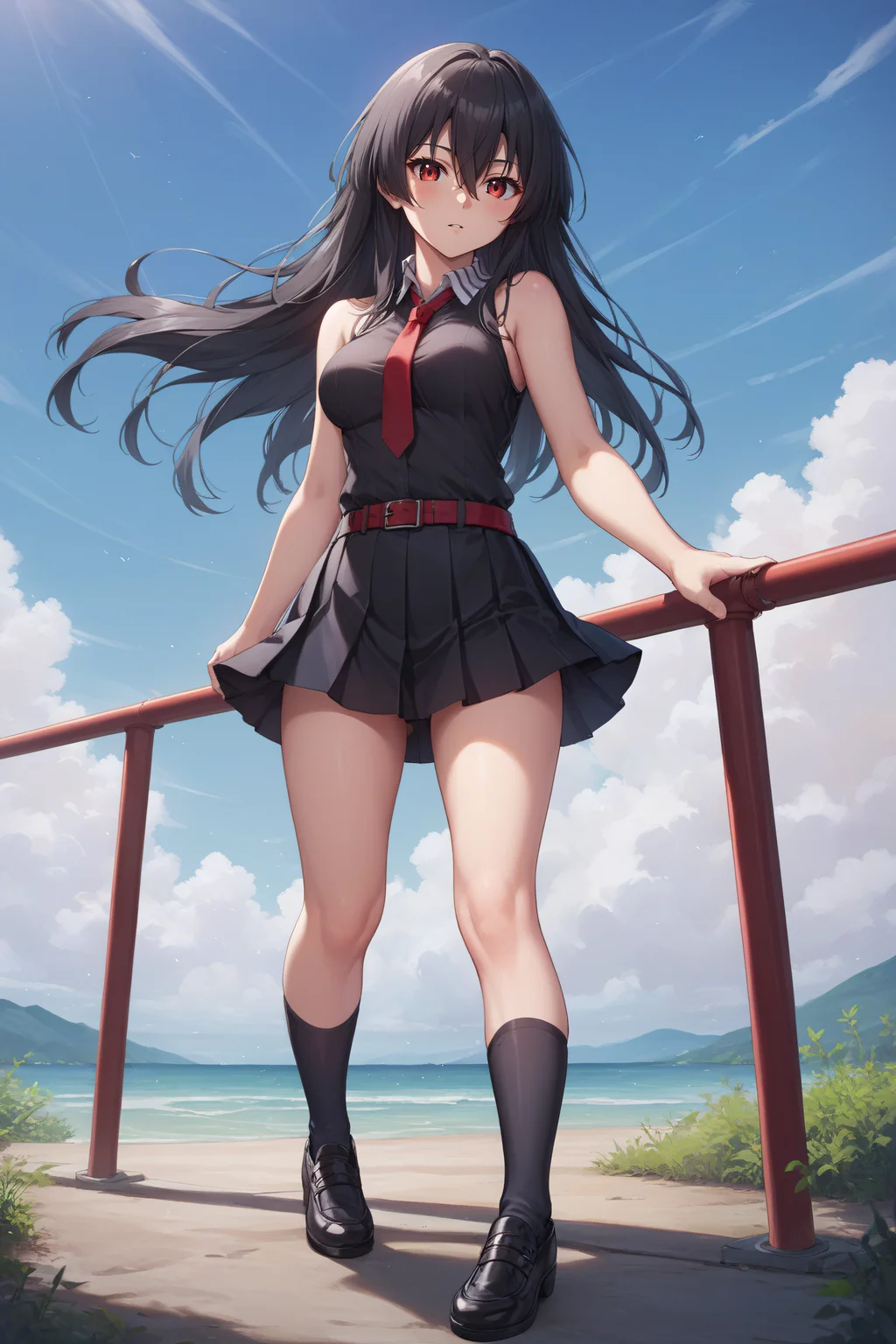 score_9, score_8_up, score_7_up, BREAK source_anime, <lora:akame-PonyXL:0.8> akame, red eyes, black hair, long hair, hair between eyes, medium breasts, black pleated skirt, black sleeveless shirt, bare shoulders, red necktie, red belt, black socks, black shoes, standing,