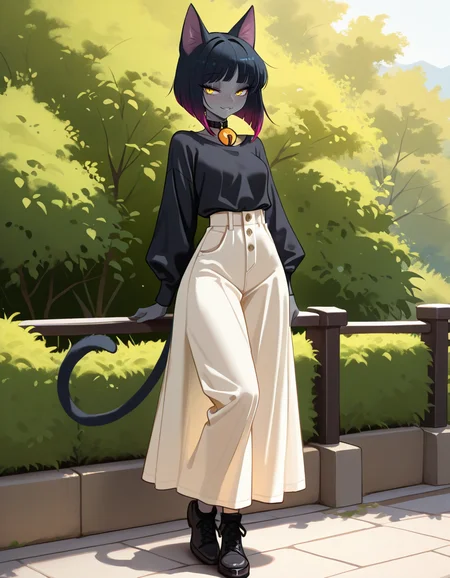 masterpiece, best quality, very aesthetic, absurdres,
outdoors, casual, 
full body, standing, posing,
seductive smile, parted lips, long eyelashes,
<lora:Agnes_v01_NAIXL:1>
4gn3s,1girl,solo,cat girl,cat ears,multicolored hair,bangs,bob cut,yellow eyes,neck bell,grey skin,cat tail,