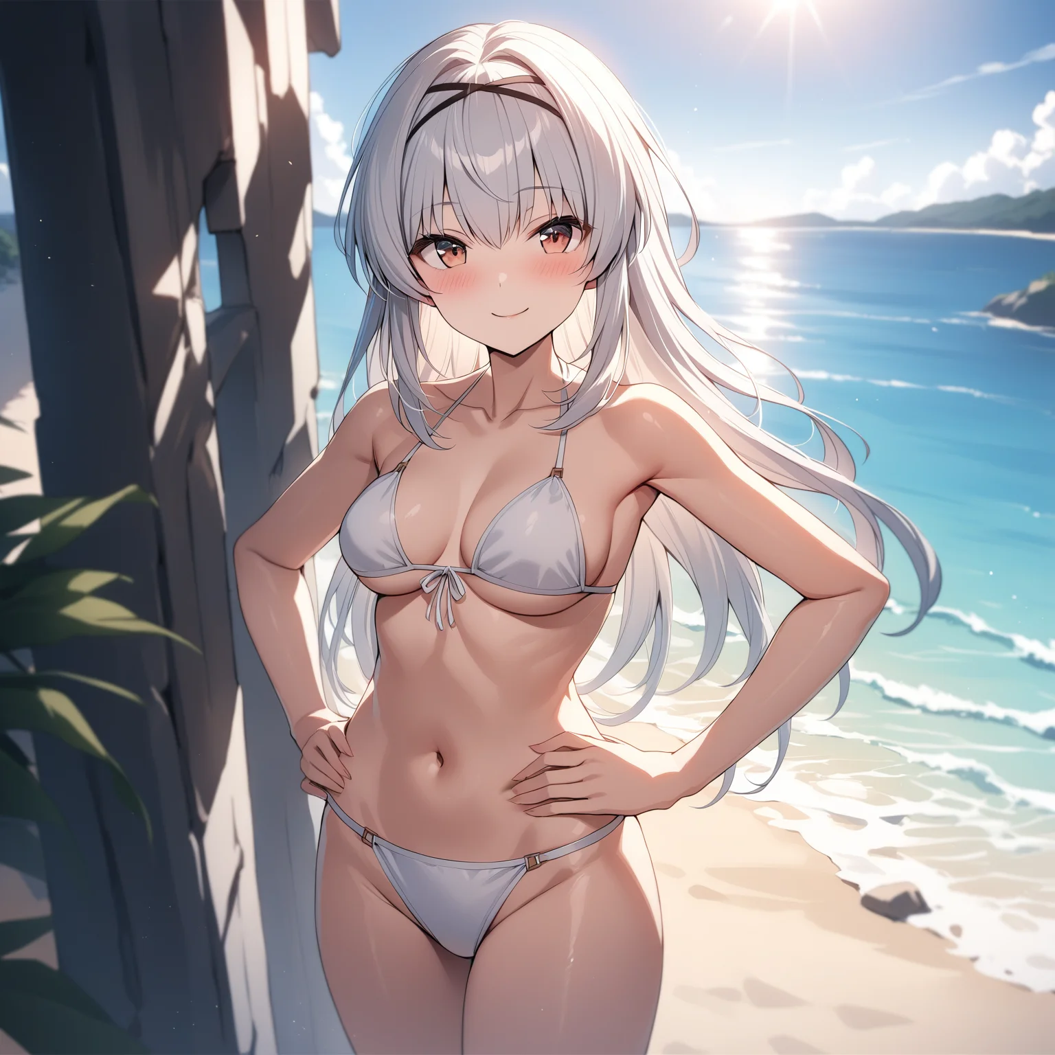 [high quality, best quality], [cinematic], 1girl, solo, tendo rui, hairband, white string bikini, hands on hips, looking at viewer, smile, blush, beach, [bloom, hdr], <lora:rui:0.72>