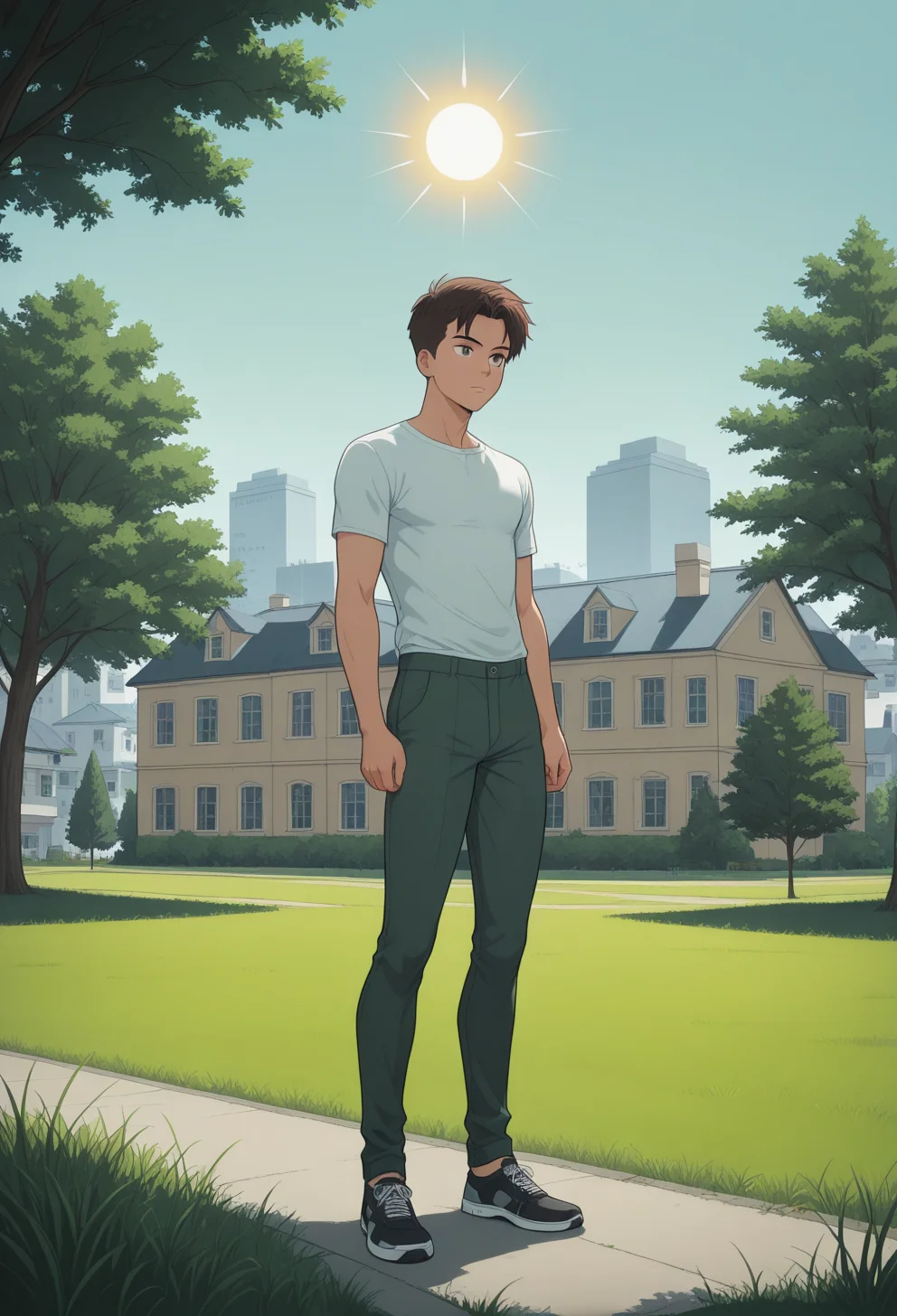 masterpiece, best quality, absurdres, t@mrrw_verse,
1boy, standing,
shirt, shoes, pants,
full_body,
building, window, grass, tree, sun, day,