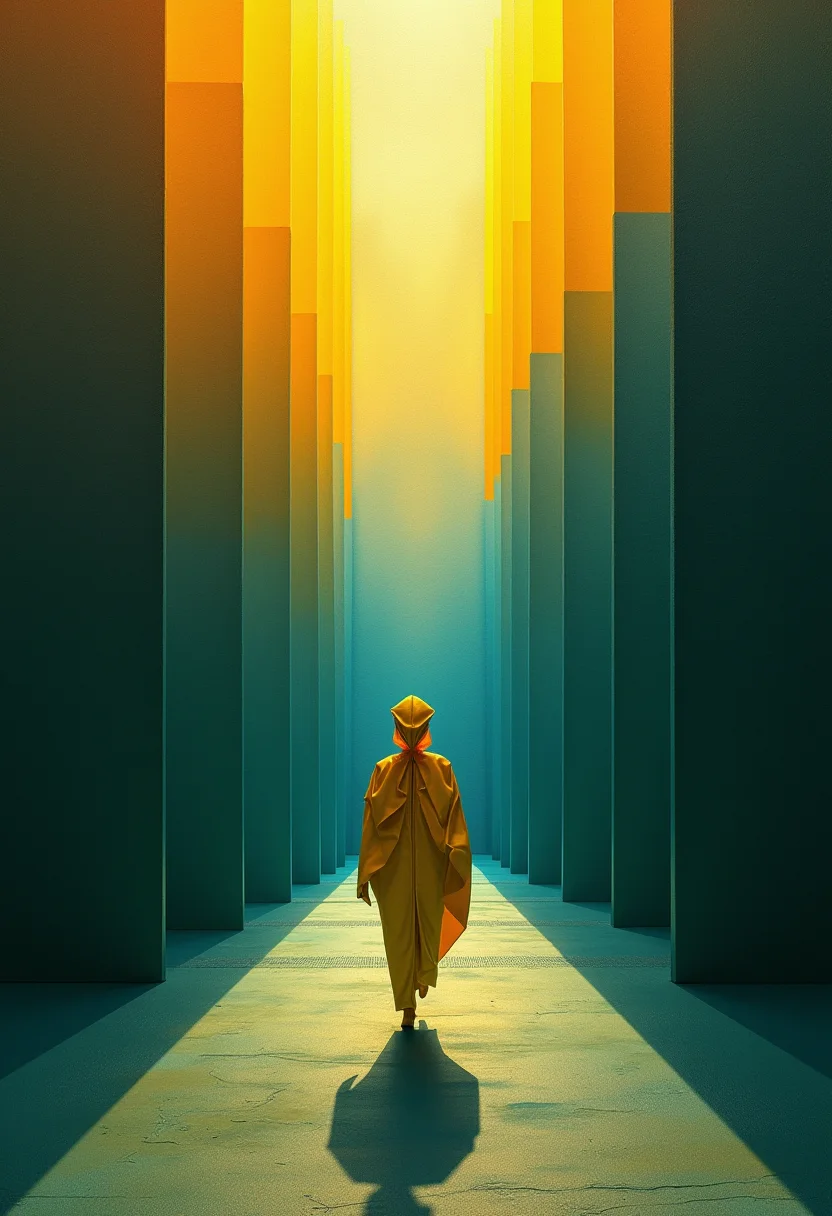 Artistic landscape conceived by a meticulous creator inspired by Bauhaus principles and masterfully emulating the style of Laszlo Moholy-Nagy. The three-part canvas offers a bold contrast between radiant sunlight and deep shadows, captured with photorealistic accuracy. The upper zone literally explodes in harmonious yellows, with each ray of sunlight standing out sharply against the deep blue canvas of shadows. A calm emerald green color gradient, representing the fusion of light and darkness, adorns the middle stage. Here, origami elements dance elegantly amidst the contrasting elements, their delicate folds glowing with precision on the canvas. A central humanoid origami figure stands, radiating light through its intricate, sharp lines illuminated by golden rays. Yet even amidst these vibrant forms, the soft, subtle shadows cast by the origami folds remind us of their organic nature. The artist has effortlessly combined photorealistic accuracy with geometric shapes, orchestrating a captivating interplay between light and dark, rigid lines and soft shadows. Each brushstroke conveys a sense of depth and volume, creating a stunning visual narrative that embodies the epitome of photorealistic mastery and Bauhaus aesthetics. ,