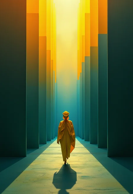 Artistic landscape conceived by a meticulous creator inspired by Bauhaus principles and masterfully emulating the style of Laszlo Moholy-Nagy. The three-part canvas offers a bold contrast between radiant sunlight and deep shadows, captured with photorealistic accuracy. The upper zone literally explodes in harmonious yellows, with each ray of sunlight standing out sharply against the deep blue canvas of shadows. A calm emerald green color gradient, representing the fusion of light and darkness, adorns the middle stage. Here, origami elements dance elegantly amidst the contrasting elements, their delicate folds glowing with precision on the canvas. A central humanoid origami figure stands, radiating light through its intricate, sharp lines illuminated by golden rays. Yet even amidst these vibrant forms, the soft, subtle shadows cast by the origami folds remind us of their organic nature. The artist has effortlessly combined photorealistic accuracy with geometric shapes, orchestrating a captivating interplay between light and dark, rigid lines and soft shadows. Each brushstroke conveys a sense of depth and volume, creating a stunning visual narrative that embodies the epitome of photorealistic mastery and Bauhaus aesthetics. ,