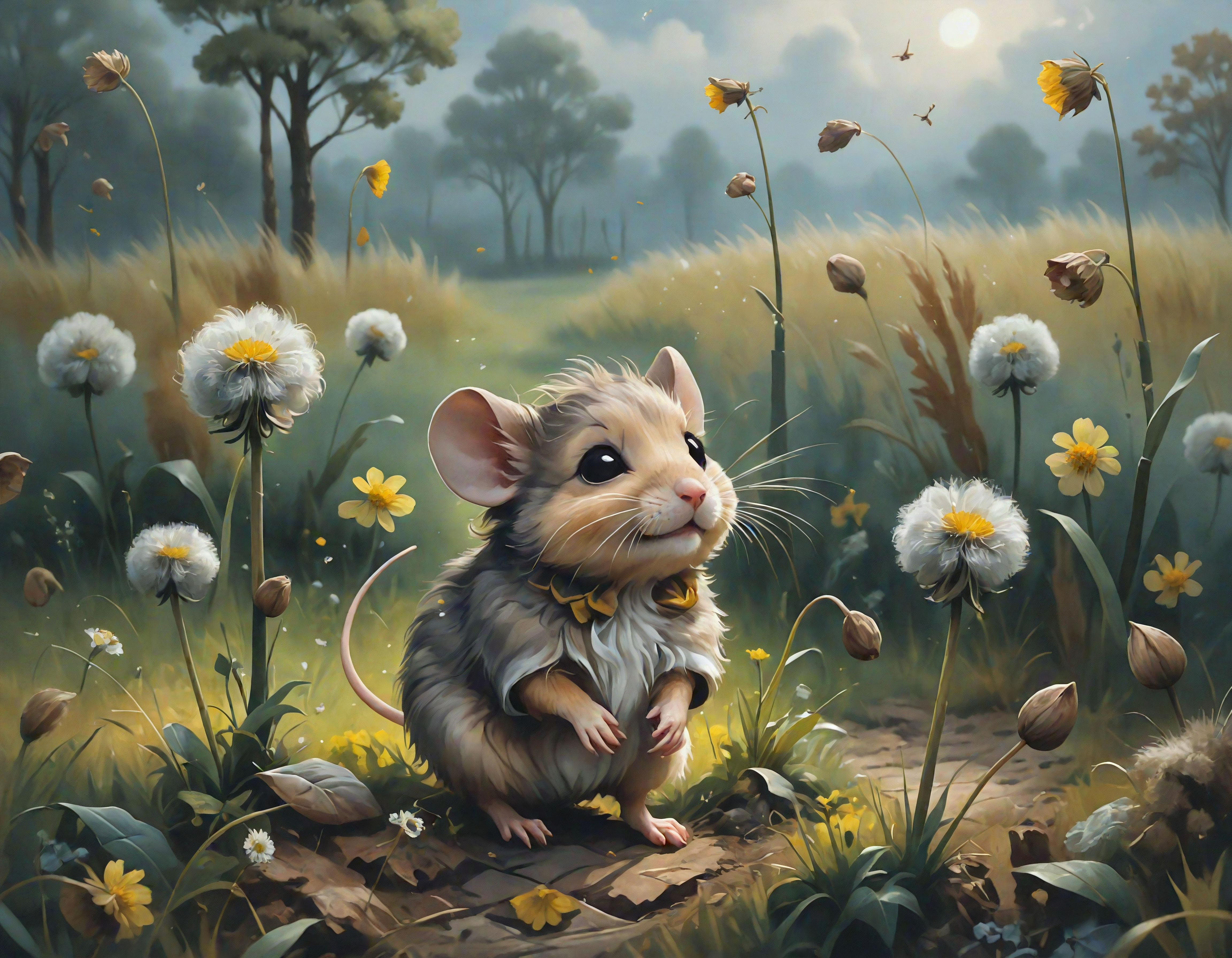an adorable fluffy TINY MOUSE WITH BIG EARS, in a field, grass, dandelions