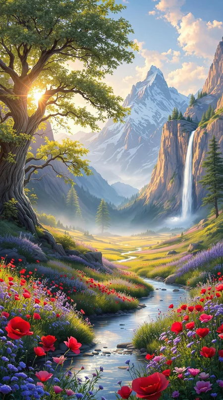 Imagine a breathtaking landscape where nature meets fantasy—an endless valley bathed in golden light as the sun dips low behind snow-capped mountains, their jagged peaks dusted with the last whispers of winter. In the foreground, a crystal-clear river winds through fields of wildflowers in full bloom—lavender, crimson poppies, and soft blue forget-me-nots swaying gently in a breeze that carries the sweet scent of jasmine and rain-soaked earth. Towering ancient trees with silvery bark and cascading emerald leaves form a gentle canopy, casting dappled shadows on moss-covered stones. In the distance, a waterfall tumbles from a glowing cliffside, catching the light like falling diamonds, while ethereal mist rises and dances in the air, lit with a prism of pastel colors. The entire scene feels like a dream—a serene, untouched world painted with soul and wonder, where time slows, and magic lingers in every detail