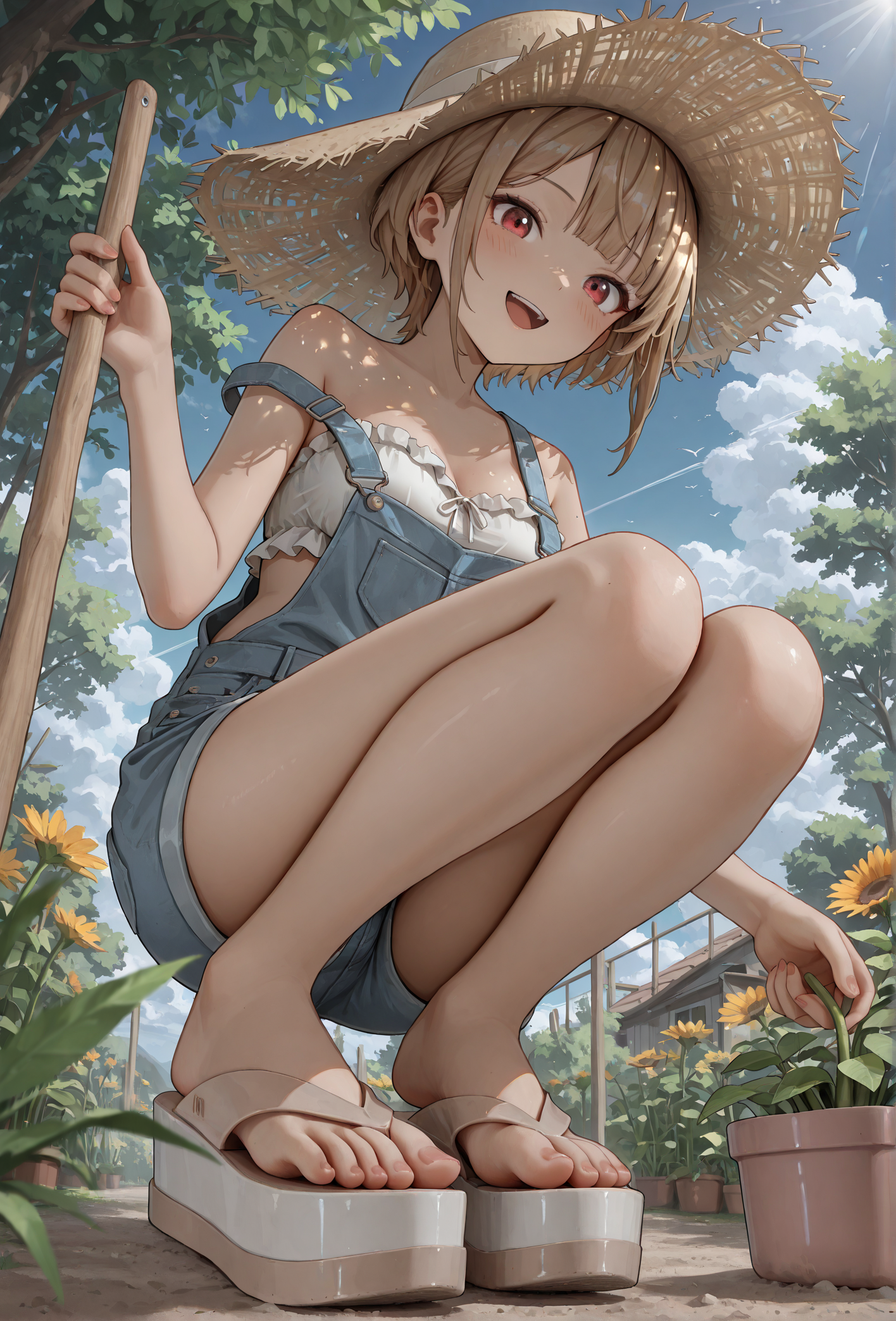 masterpiece, best quality, 
(mlsa flip flops), (platform footwear:1.2),
low angle, foot focus,
1girl, 
squatting,
straw hat, gardening, outdoors, dappled sunlight,
short denim overalls, strap slip, frilled bandeau top,
medium breasts, 
happy, cute face,