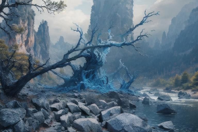 (Realistic:1.5) EdobLandscapeAlpha , outdoors, thorns, signature, blue theme, evening, alien, bridge, solo, rock, forest, <lora:EdobLandscapeAlpha_v1.0:0.8>
