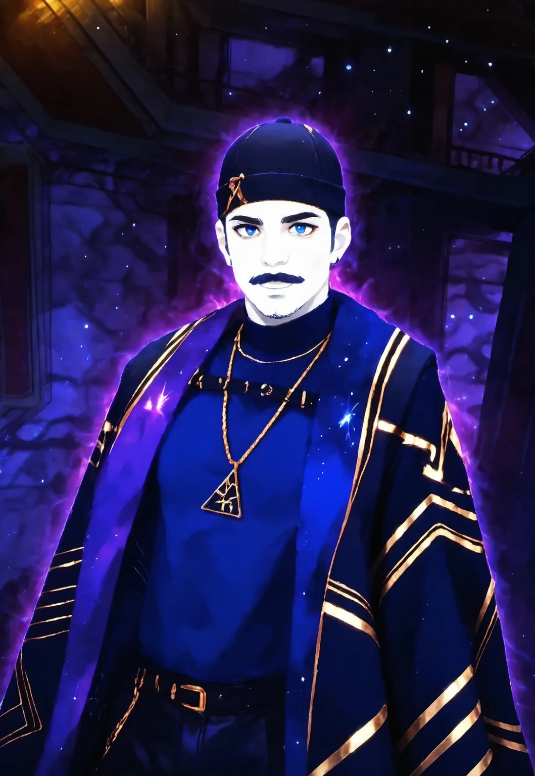 safe_pos, score_9, score_8_up, score_7_up, source_anime, rating_nsfw, ultra hd, absurdres, solo, masterpiece, best quality, best aesthetic, Expressiveh, wolfconf, 1boy
JDTraveler, dark blue facial hair, pale white skin, blue shirt, hat, galaxy cape, necklace, (portrait, headshot), looking at viewer, (zoomed in), headshot, ((dutch angle)), mustache