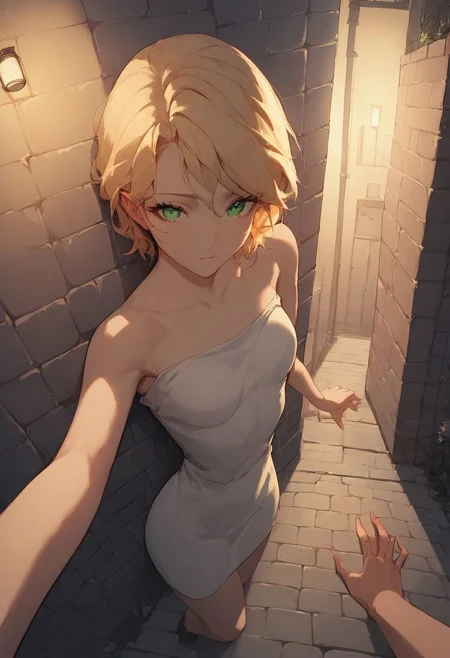 score_9, score_8_up, score_7_up, score_6_up, score_5_up, anime, night, nighttime, outside, dark alleyway, wall, Shoulder length Blonde hair, green eyes, small breast, 5 fingers, Pov against the wall, no sex,