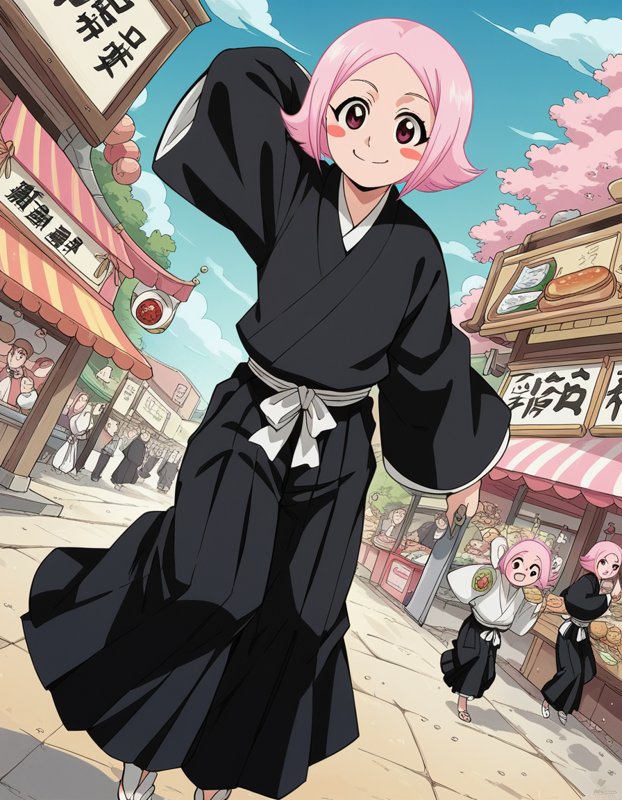 score_9, score_8_up, score_7_up, source_anime, <lora:yachiru-kusajishi-anime-ponyxl-lora-nochekaiser:1>, yachiru kusajishi, short hair, pink hair, pink eyes, blush stickers, forehead,, long sleeves, japanese clothes, hakama, black hakama,, street market, vendor, street food, bustling crowd, local flavor, vibrant, smile, looking at viewer, foot forward, hand behind head, elbow down, solo,, cowboy shot, dutch angle