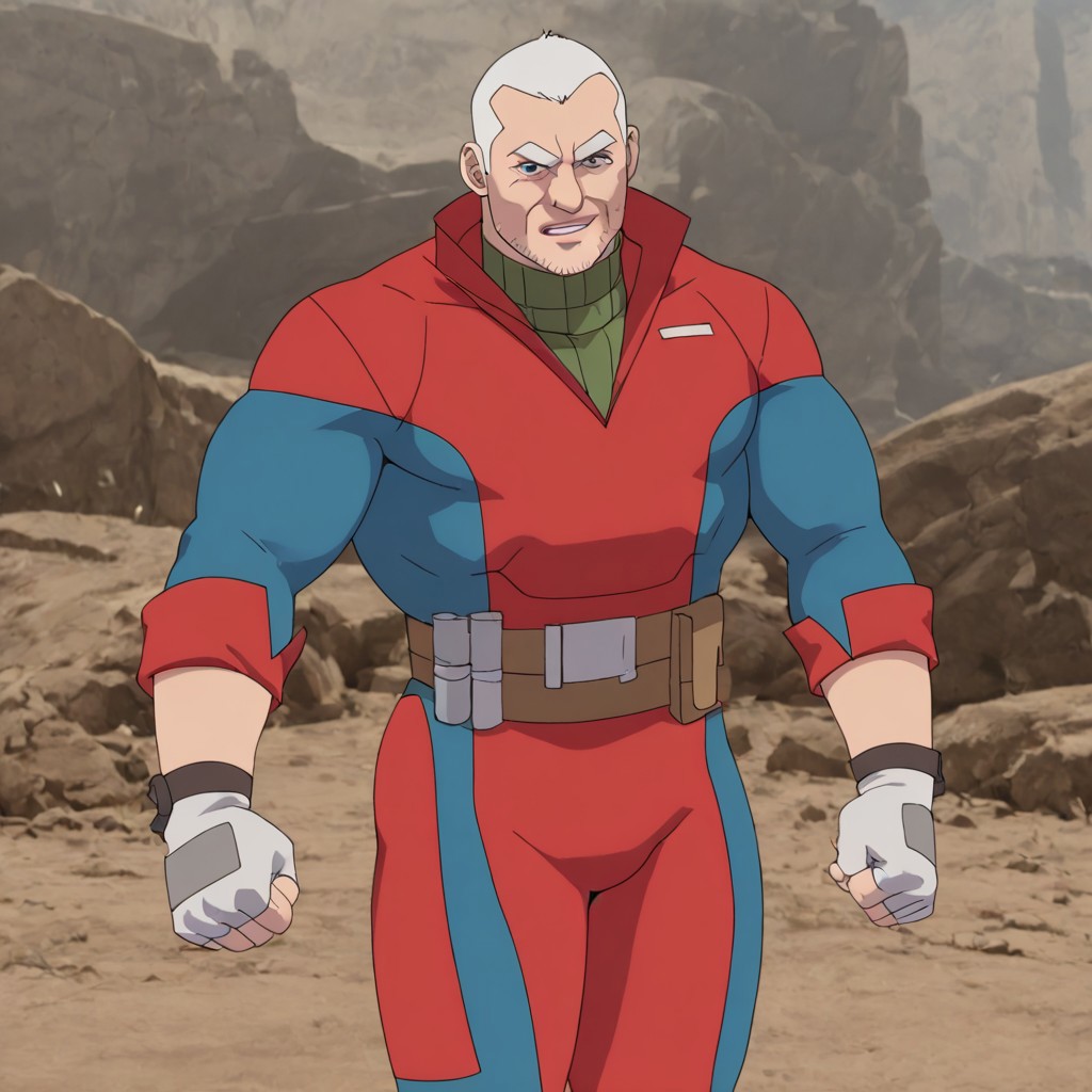 Brit, an older, muscular, and fit man with a light complexion. He wears his immaculate white hair cut short, military-style, and a blue and red spandex suit over his usual clothes. The suit is completed with a pair of silver gloves and boots,perfect face and eyes,masterpiece, best quality, newest, absurdres, highres, male, bara, male focus, , , 1boy