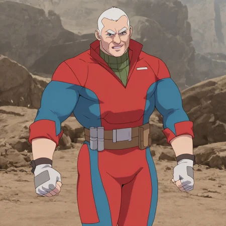 Brit, an older, muscular, and fit man with a light complexion. He wears his immaculate white hair cut short, military-style, and a blue and red spandex suit over his usual clothes. The suit is completed with a pair of silver gloves and boots,perfect face and eyes,masterpiece, best quality, newest, absurdres, highres, male, bara, male focus, , , 1boy
