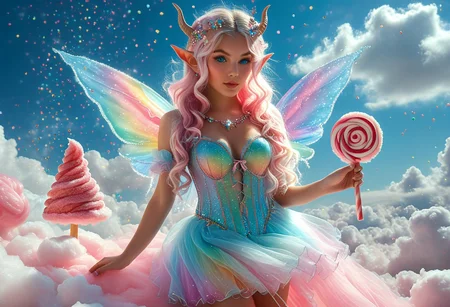 A hyper-realistic fantasy portrait of a beautiful candy elf standing on a cloud made of pink and blue cotton candy, surrounded by a sky that looks like spun sugar and rainbow sprinkles. The elf has shimmering pastel skin with iridescent highlights, large sparkling eyes, and delicate ears shaped like curled candy canes. Her hair flows like melted marshmallow and is decorated with tiny gummy stars. She wears a dress made of translucent sugar crystals and glossy lollipop shards. Magical glow, dreamy lighting, and high detail.
Style tags:
hyperrealistic, full body, candycore, fantasy, pastel aesthetic, dreamy, ultra detail, fairy tale, vibrant lighting, soft clouds