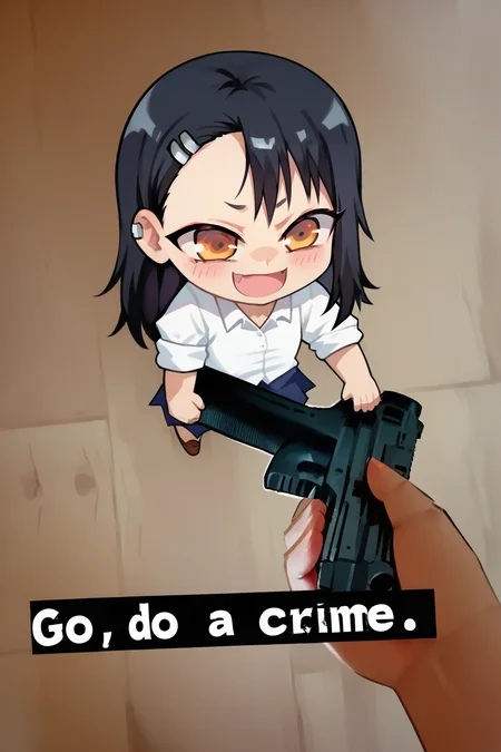zPDXL,   <lora:Concept_Go_do_a_crime_meme:1>, 1girl, GODOACRIME, go do a crime (meme), english text, gun, nagatoro, chibi