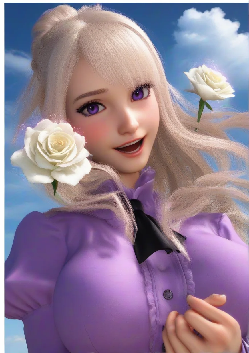 1girl, euphyllia magenta, score_9, score_8_up, score_7_up, score_6_up, score_5_up, score_4_up, realistic, huge breast, 3d, , :d, aged down, air bubble, ascot, black ascot, blue sky, blush, border, bubble, child, cloud, copyright name, day, dot nose, english text, episode number, eyelashes, eyes visible through hair, floating, flower, half updo, hands up, happy, juliet sleeves, long hair, long sleeves, looking at viewer, magic, open mouth, outdoors, outside border, puffy sleeves, purple eyes, rainbow, rose, sky, sleeve cuffs, smile, solo, thick eyelashes, upper body, w arms, water, white border, white flower, white hair, white rose, zPDXL3,<lora:Street_Fighter_6:1>