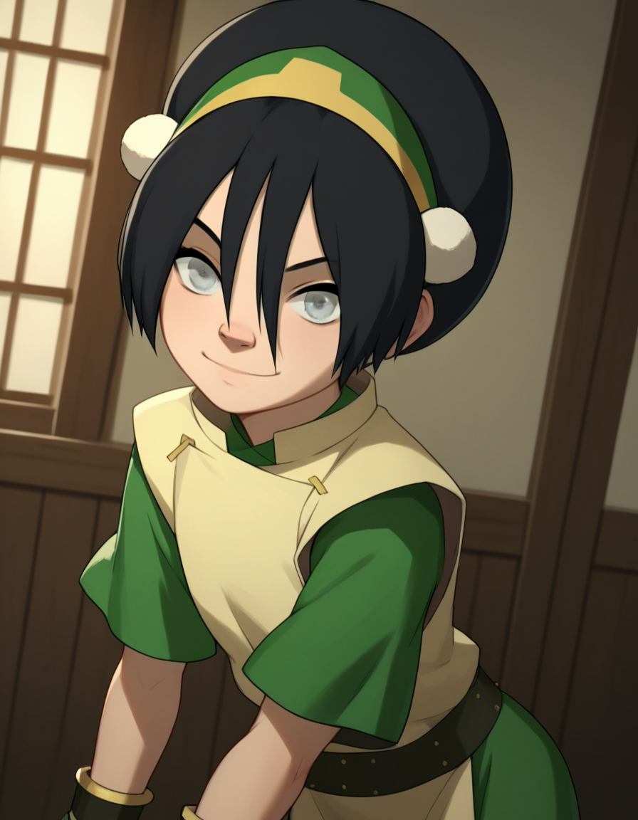 score_9, score_8_up, score_7_up, source_anime, <lora:toph-beifong-book2-ponyxl-lora-nochekaiser:1>, toph beifong, black hair, hairband, blind, grey eyes, hair between eyes, short hair,, shirt, green shirt, vest, belt, short sleeves,, indoors, bent over, smile, looking at viewer, solo, cowboy shot, dutch angle