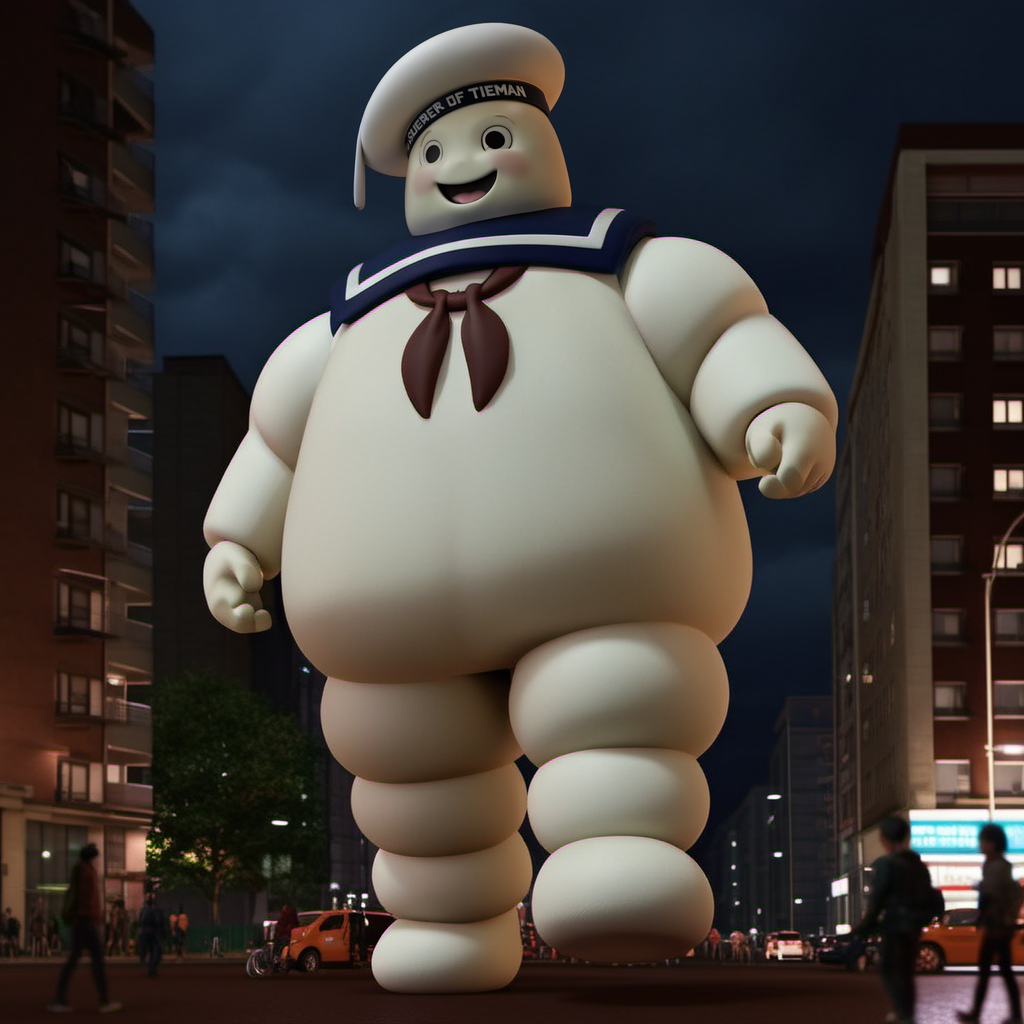 BibendumChamallow1024, a giant with a sailor hat, full body, walks in a city, night , rain , highly detailed, attack on titan, photography, ultra sharp, film, professional, 64k  <lora:BibendumChamallow1024:0.8>