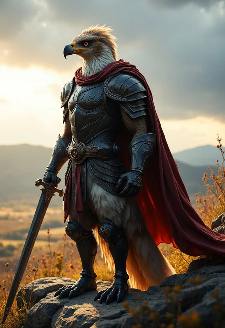 A highly detailed cinematic scene of a 4k movie-still of an Aarakocra, A fantastical anthropomorphic eagle stands stony precipice beneath a partly cloudy sky. The Aarakocra, with feathers transitioning from white to brown, has a sharp yellow beak and piercing yellow eyes. Clad in intricate medieval-style armor, the Aarakocra holds a long, ornate sword in its right hand, with the left resting on the hilt, poised for battle. A red cape flows dramatically behind, catching the light against the dark armor. The background showcases an open field of tall grasses and distant hills, illuminated by the warm glow of the setting sun. The serene yet ominous atmosphere, using rich colors and high detail. <lora:aidmaMJ6.1:0.6>, <lora:fluxenhancer:0.3>