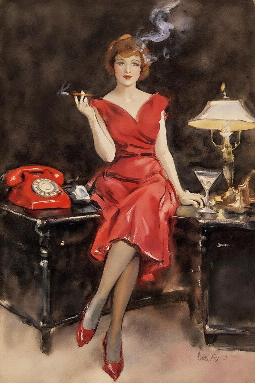 johnsingersargent3 painting. 
 A woman is sitting on a black desk. She is dressed in a red dress, stockings, and high-heeled shoes. She is holding a cigarette, with smoke rising above her. On the desk are a red rotary telephone, a desk lamp, and a martini glass.  <lora:johnsingersargent3_cap_d8a4e12:1.0><lora:859978907502273058:0>