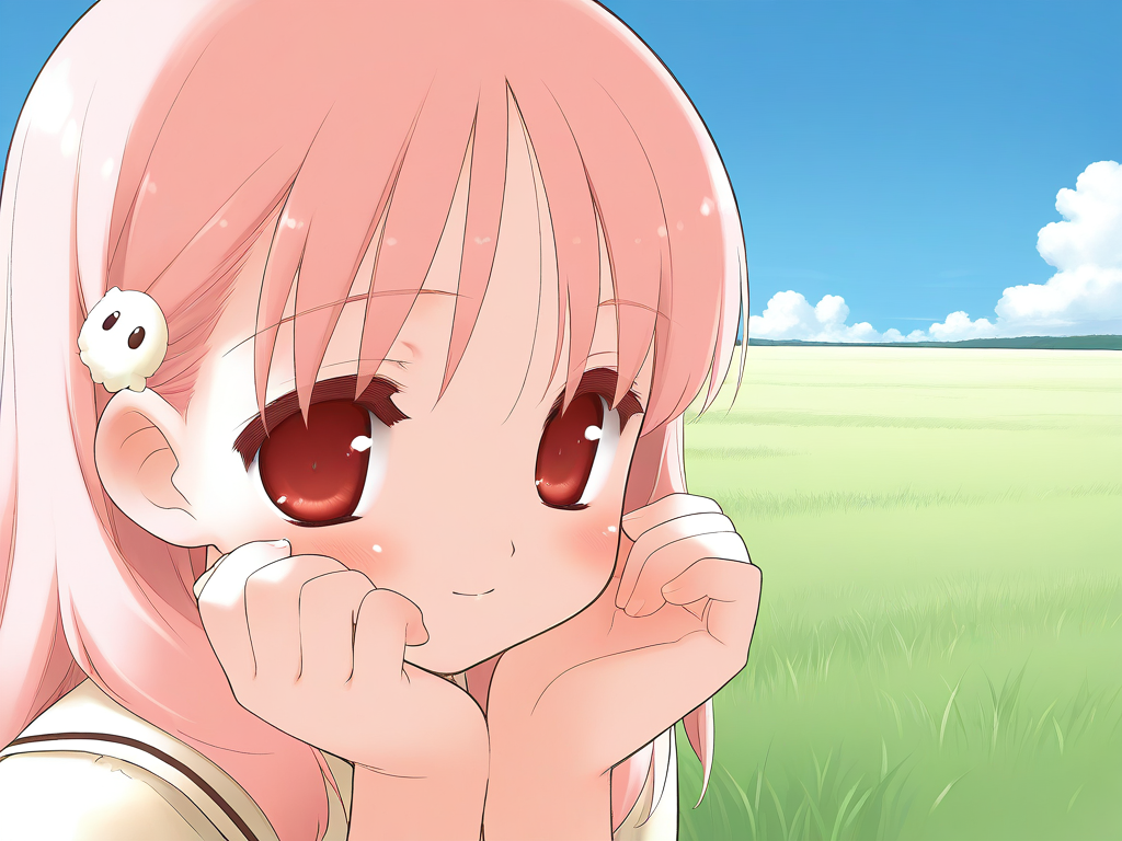 general,highres, ultra-detailed,very aesthetic,best quality ,best hands,  BREAK <lora:Kiriyama_Sakura_IS:1> KiriyamaSakura, solo, pink hair, red eyes, hair ornament,  face close up, down arms,
grass, sky,