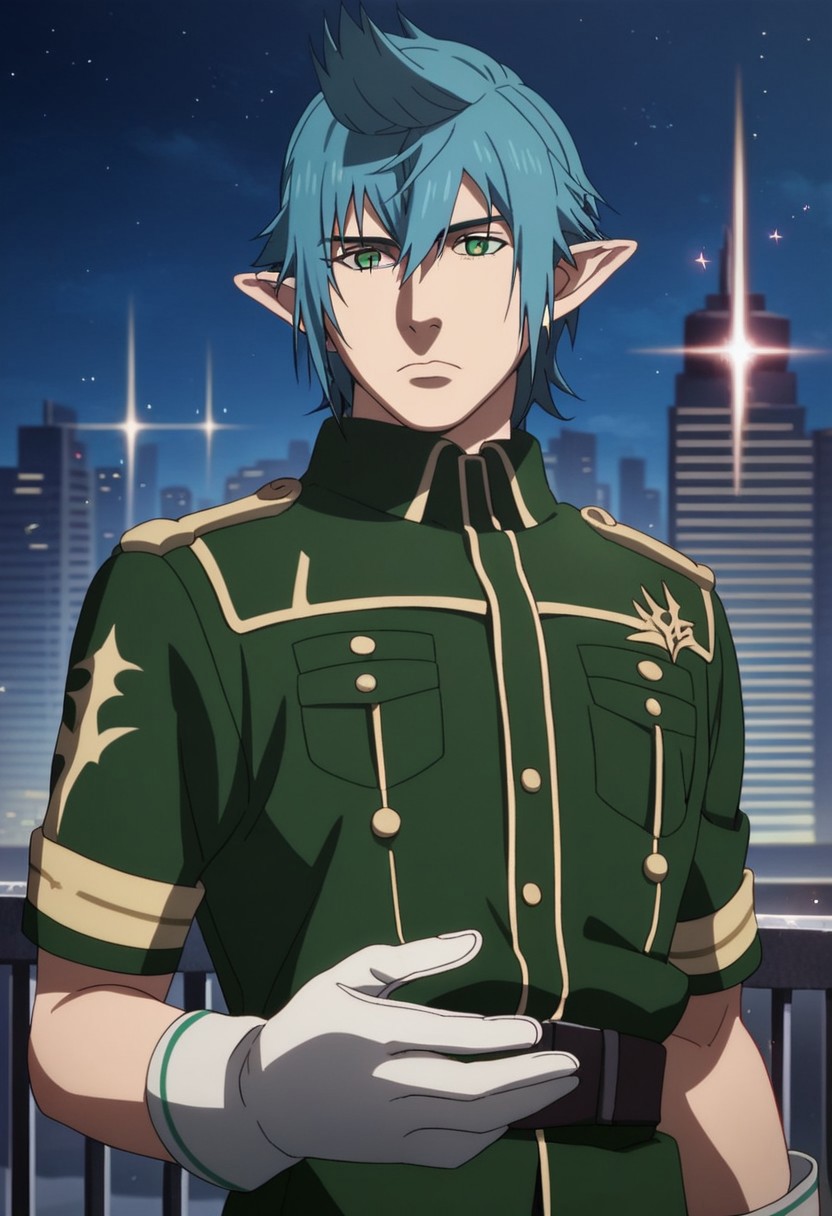 ffxv style, 1boy, male focus, 1boy, white gloves, gloves, detailed background, short hair, blue hair, long anime sideburns, hair between eyes, bishounen, very long pointed ears, green eyes, red sci-fi military uniform, furrowed brow, looking at viewer, cityscape, night, night sky green eyes, source_anime, sparkle, dynamic, anime coloring, 2d, flat coloring, cel shading, cel shaded, score_9, score_8_up, score_7_up, score_6_up, score_5_up, score_4_up