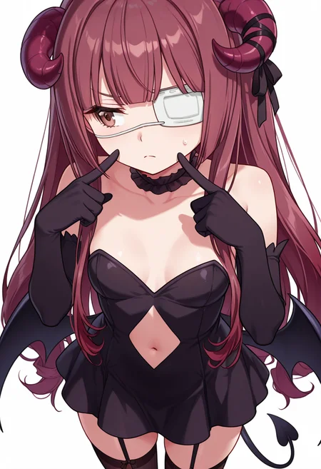 Smooth Quality,masterpiece,very intricate, high quality details, ultra realistic, high detailed skin,detailed enviorement,absurdres,
pointing at self,
<lora:Hanazono_Yurine_CNR:0.8> yurine_cnr, brown hair,very long hair, brown eyes, medical eyepatch, frown,
yurine_succubus_cnr, demon girl, curled horns, demon wings, low wings, demon tail, navel cutout, black dress, strapless dress, elbow gloves,black thighhighs, garter straps,black choker, hair ribbon, simple background, white background, front view,solo,, nervous,