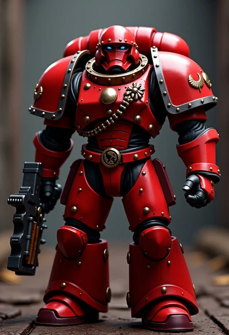Score_9_up, absurdres, Source: GamesWorkshop, best quality, expressive eyes, perfect face, space marine, A space marine of the Blood Angels chapter with large power fists, wearing astartes helmet and red power armor, full body, volumetric lighting project unreal engine, mantisdetailerse, adddetails, BloodA40K, 40k-space-marine <lora:PeopleCountSliderLoRAv1:2.0>, <lora:warhammerAdeptus_v1:0.7>,