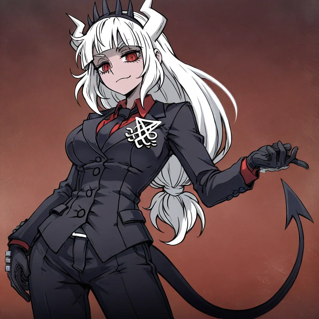masterpiece, best quality, newest, absurdres, highres, H6UAS-V1.0IL, 1girl, lucifer (helltaker), black suit, red necktie, black collared shirt, black gloves, blunt bangs, demon horns, demon girl, demon tail, red eyes, white hair, long hair