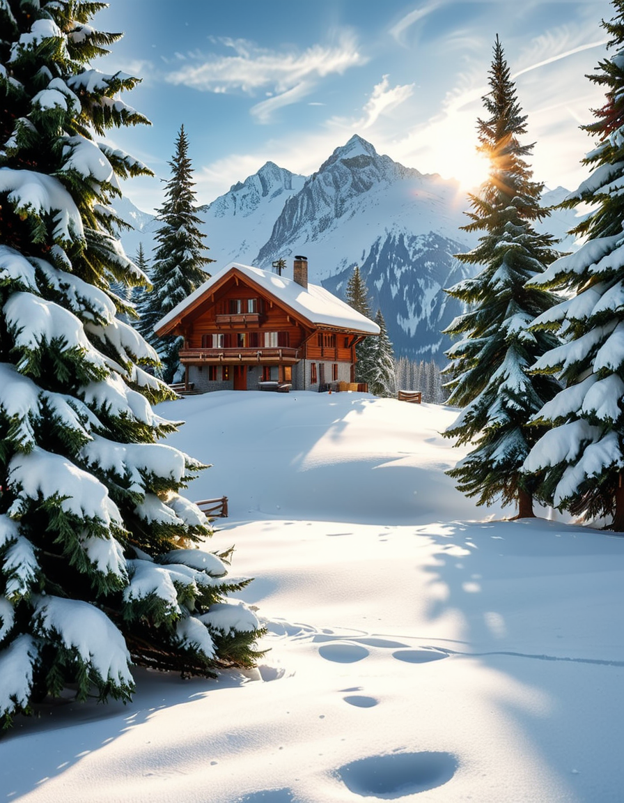 A cozy wooden chalet nestled in a serene winter landscape, surrounded by tall, snow-covered pine trees. Warm golden lights glow from the chalet's windows, contrasting with the crisp, cold air of the snowy evening. A thick layer of fresh snow blankets the ground, with a few footprints leading to the wooden front door. Smoke gently rises from the chimney, suggesting a warm fire inside. The sky is a soft twilight blue, with the first stars beginning to appear. In the foreground, a wooden fence partially covered in snow adds to the rustic charm. A small stack of firewood is neatly arranged near the entrance. The atmosphere is peaceful and inviting, evoking a sense of warmth and solitude in the midst of nature. The art style is hyper-realistic with soft lighting and high detail, emphasizing the texture of the wood, snow, and trees.
<lora:SDXLFaeTastic2400:0.4> <lora:extremely_detailed:0.4> extremely detailed, <lora:winter_l4ndsc4p3:1>,winter l4ndsc4p3, Masterpiece,best quality,hi res,8k,hi res,8k,award winning,(sharp focus, intricate, highly detailed),