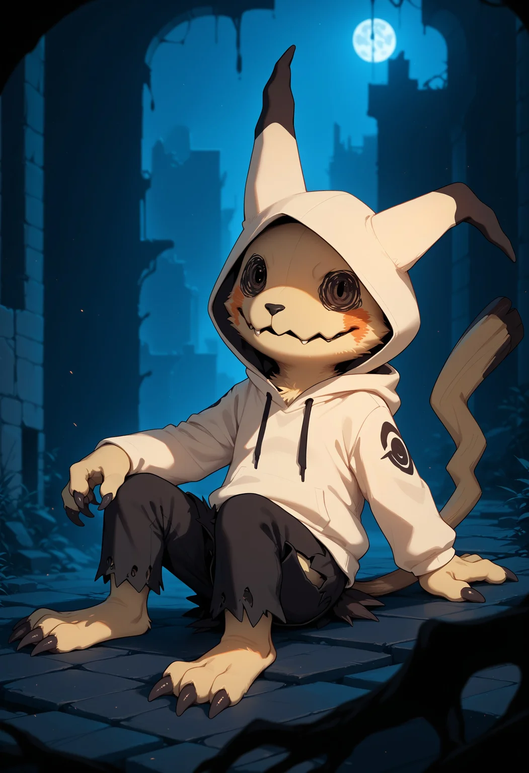 score_9, score_8_up, score_7_up, score_6_up, source_anime, source_furry, outdoors, night, ruins, haunted,
BREAK
1boy, solo, mimikyu, pokemon (creature), shadow claw, anthro, furry, yellow hoodie, shorts, figure four sitting, creepy, claws, hood, looking at viewer, blurry, , <lora:f69f08a4-f68e-45d9-bc68-3717eb8fd347:1.0>, <lora:743ab114-2dc7-4a68-a995-0d3c9dc174a0:2.0>, <lora:4b571537-d57c-4d84-9d24-d39fcf54c682:0.5>, <lora:0822f1bc-be9c-42f2-a563-5e7c17e10639:0.6>