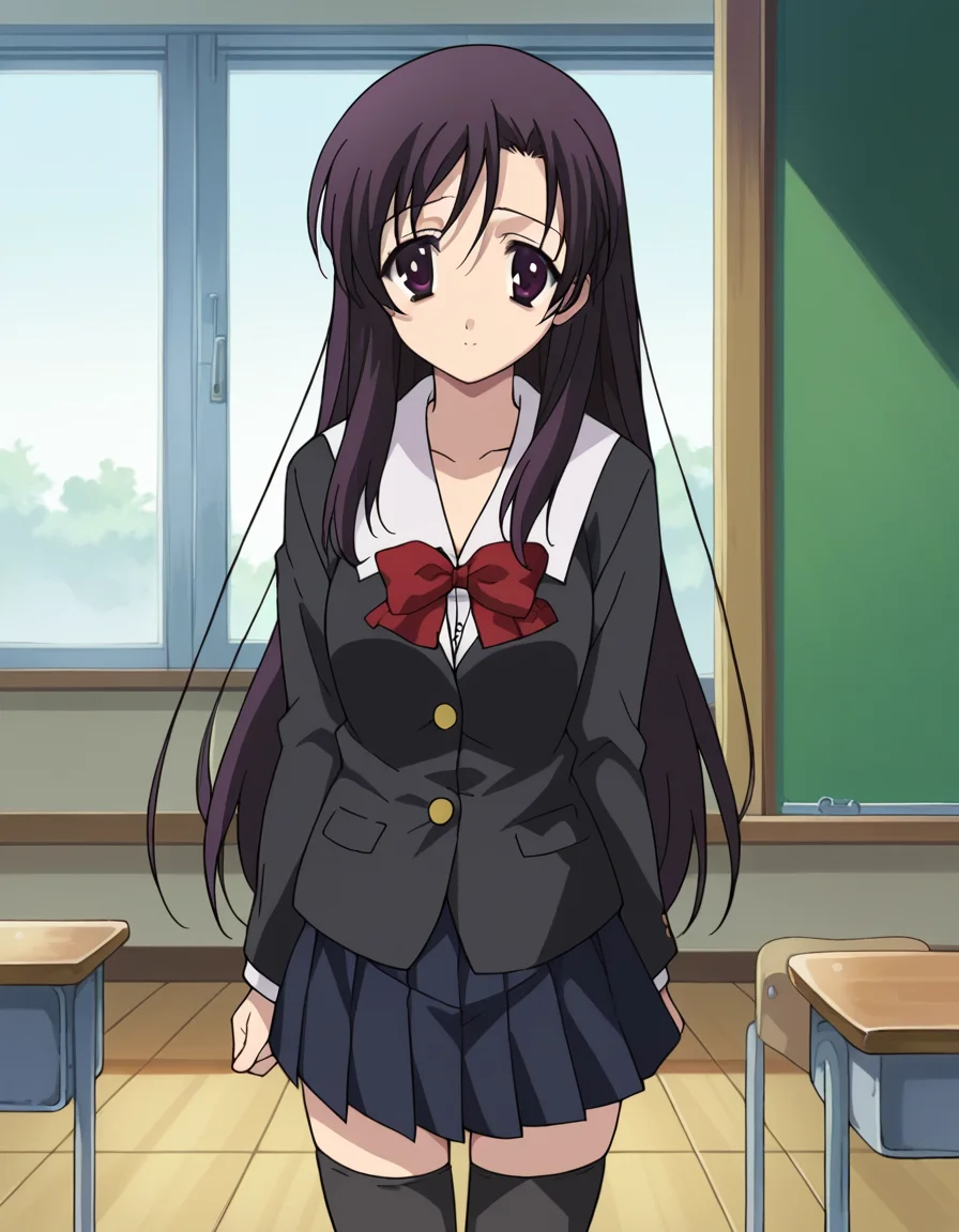 score_9, score_8_up, score_7_up, source_anime,
kotonohakatsura, <lora:kotonoha-katsura-ponyxl-lora-nochekaiser:1>,
kotonoha katsura, purple eyes, black hair, long hair,
black thighhighs, bow, red bow, school uniform, skirt, thighhighs, zettai ryouiki,
indoors, classroom,
looking at viewer, cowboy shot,