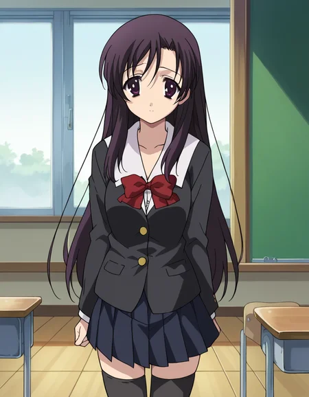 score_9, score_8_up, score_7_up, source_anime,
kotonohakatsura, <lora:kotonoha-katsura-ponyxl-lora-nochekaiser:1>,
kotonoha katsura, purple eyes, black hair, long hair,
black thighhighs, bow, red bow, school uniform, skirt, thighhighs, zettai ryouiki,
indoors, classroom,
looking at viewer, cowboy shot,