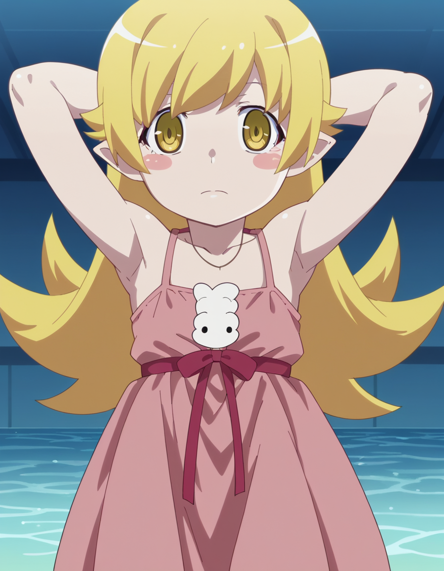score_9, score_8_up, score_7_up, source_anime, <lora:shinobu-oshino-offmonster-ponyxl-lora-nochekaiser:1>, shinobu oshino, long hair, blonde hair, anime screencap, yellow eyes, dress, bare shoulders, pointy ears, pink dress, spaghetti strap, child, blush stickers,, aquarium, water, fish, tanks, blue, , hands behind head,, looking at viewer, solo,, dutch angle, cowboy shot