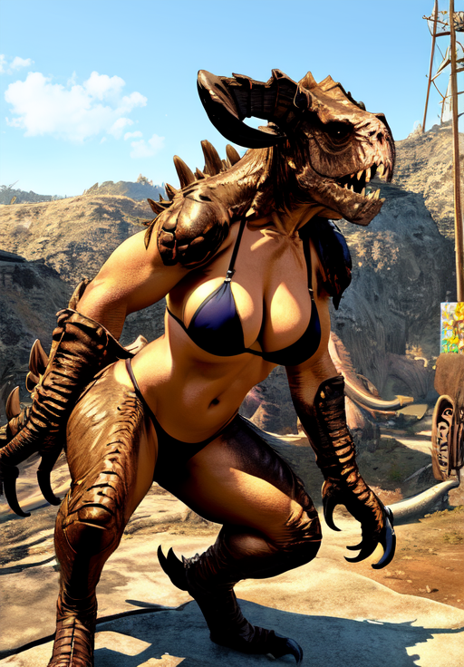<lora:Deathclaw:0.8>, deathclaw, breasts, bikini top, (masterpiece, best quality, absurdres, detailed, ultra-detailed:1.3)
