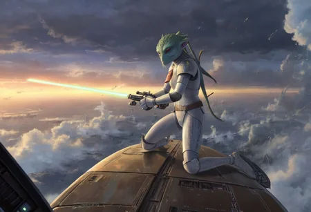 a (solo:1.5) black white lizard with (star wars armor:1.5) sword on belt (cockpit instruments view:1.5) inside star-wars style spaceship, (apocalyptic:1.5) fall fallen stars comets meteors burning planet, (ocean:0.5) (waves:0.5), in the middle of sea,
dawn, heavy rain, wind, windy, typhoon, hurricane, tropical storm, fog, mountain, sky, cloud, deluge, rainforest,
(anime:1.5) , anime screencap in mnst artstyle, full body character portrait landscape